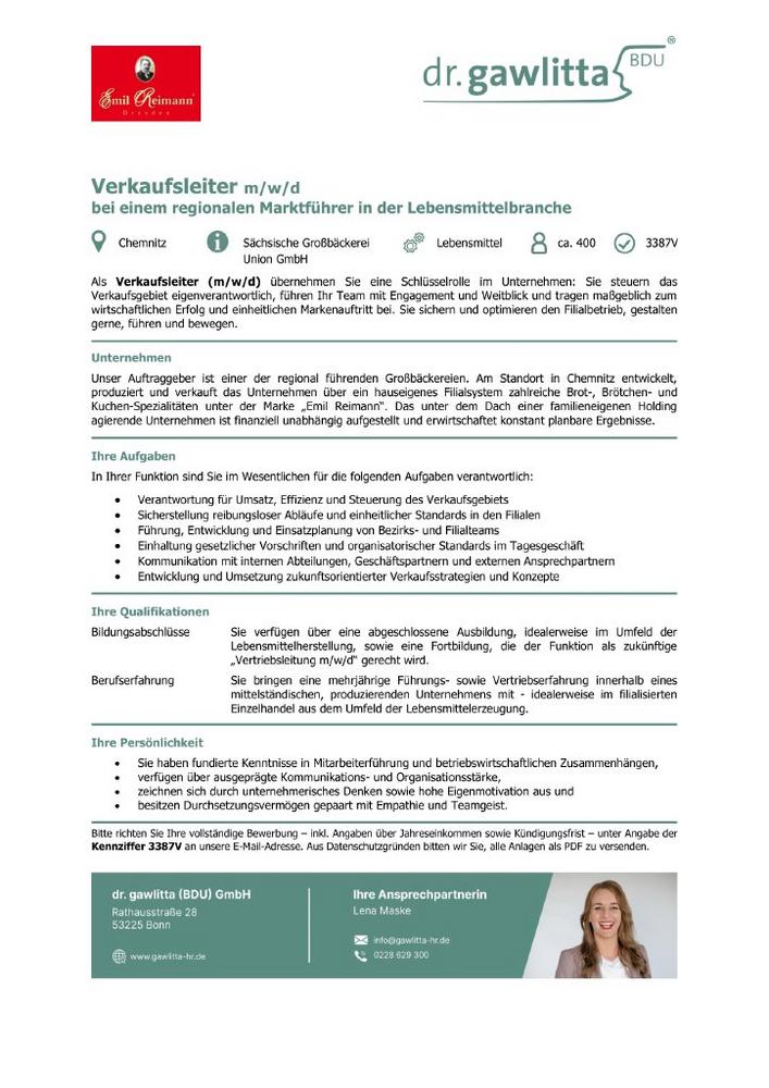 Verkaufsleiter m/w/d bei einem regionalen Marktführer in der Lebensmittelbranche (Vollzeit | Chemnitz)